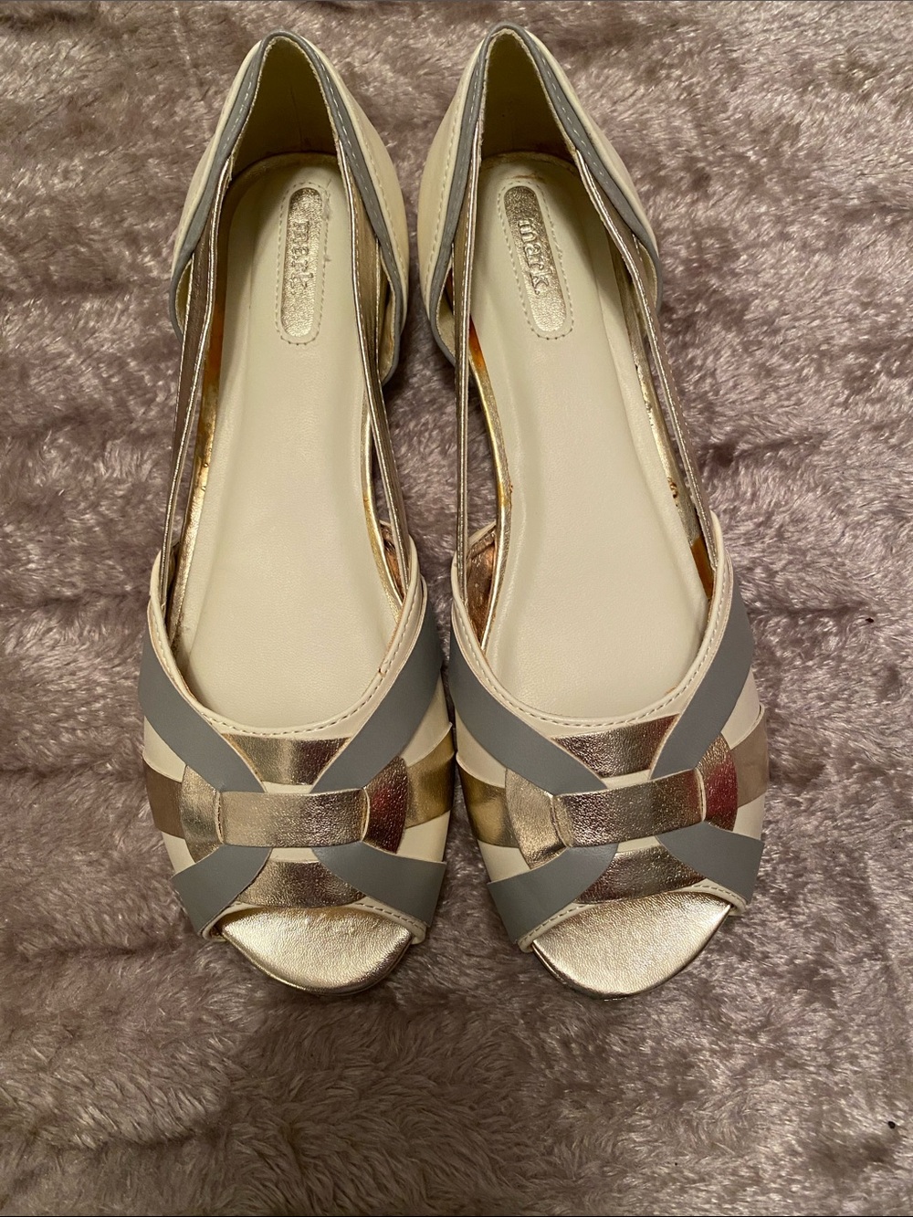 Avon Woven Metallic Gold, Cream & Gray Open-Toe Flats